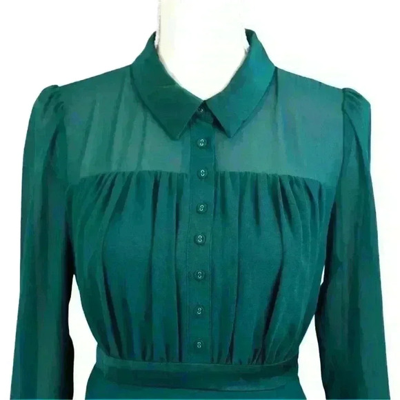 Modcloth Green Pleated Button Front A-Line Chiffon Knee Length Dress Size Small - Picture 2 of 8